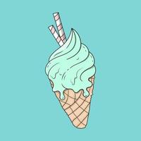 vector dibujado a mano crear diseño, contorno de dibujos animados cono de helado derretido.