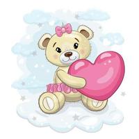 Cute teddy bear  girl with a pink  hear in her paws. Teddy bear on a cloud  background with stars. Vector cartoon illustration for Valentine's day or birthday.