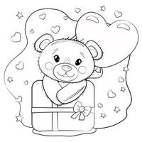 lindo oso de peluche coloreando con un globo en forma de corazón y un regalo. oso de peluche sobre un fondo blanco con corazones. ilustración de contorno de dibujos animados vectoriales para el día de San Valentín o cumpleaños. vector