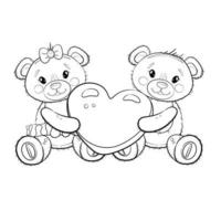A pair of cute teddy bears holding a heart in their paws. Teddy bears on the background of clouds. Vector cartoon outline illustration. Illustration for Valentine's day or birthday.