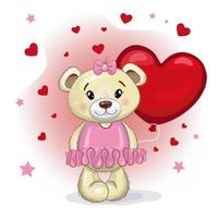 linda chica de oso de peluche con un vestido rosa con un globo rojo en forma de corazón. oso de peluche sobre un fondo rosa con corazones. ilustración de dibujos animados vectoriales para el día de san valentín. vector