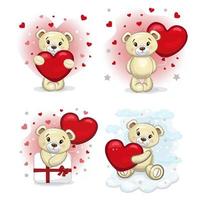 un conjunto de lindos osos de peluche con corazones rojos. conjunto lindo de osos de peluche. ilustración de dibujos animados vectoriales para el día de San Valentín o cumpleaños. vector