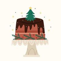 Christmas cake in chocolate decorated with a Christmas tree. Traditional Christmas sweets. vector
