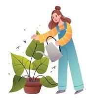 A girl in denim overalls is watering flowers. The concept of plants in the house. vector