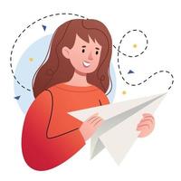 Girl with paper airplane.Sending, receiving open read messages on mobile phone.Girl launched paper,mail airplane.New notification. vector