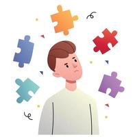 el tipo en medio de los rompecabezas. desarrollo cognitivo, mentalidad mental, pensamiento creativo. concepto de finalización de proyectos, soluciones de trabajo, sugerencia de ideas creativas. vector