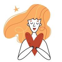 Red-haired girl holding a heart. Stylish linear vector minimalism illustration. Scandinavian style.