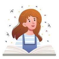 Red haired cute girl in denim overalls reads a big book.Student woman reading, learning. vector