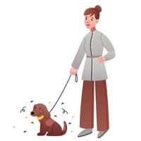 una chica con un kimono moderno pasea a un perro. ilustración plana vector