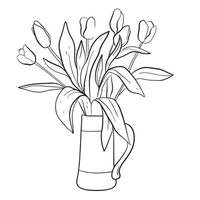 A bouquet in a linear style of tulips in a jug. Sketch, modern art. vector