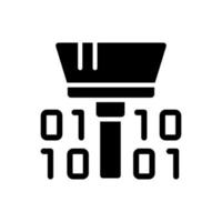 Cleaning dataset tool black glyph icon. Safe data mining. Checkup of database. Analyzing information. Binary code and broom. Silhouette symbol on white space. Vector isolated illustration