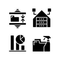 procesos de minería de datos iconos de glifo negro establecidos en espacios en blanco. extraer, analizar y conservar información digital. desarrollo tecnológico para el progreso. símbolos de silueta. ilustración vectorial aislada vector