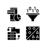 Data mining tools black glyph icons set on white space. Techniques to extract and analyze information. Virtual researching for development. Silhouette symbols. Vector isolated illustration