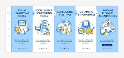 Business tools for entrepreneurs blue and white onboarding template. Scheduling. Responsive mobile website with linear concept icons. Web page walkthrough 5 step screens. Lato-Bold, Regular fonts used vector