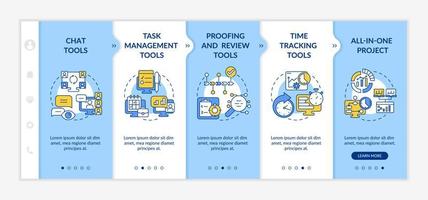 Business productivity tools blue and white onboarding template. Chat and review. Responsive mobile website with linear concept icons. Web page walkthrough 5 step screens. Lato-Bold, Regular fonts used vector