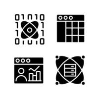 Science data mining black glyph icons set on white space. Tools for virtual researching. Engineering system and digital technology. Silhouette symbols. Vector isolated illustration