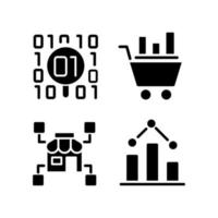 Retail data mining and analytics black glyph icons set on white space. Virtual marketing researching. Digital business tools. Shopping information. Silhouette symbols. Vector isolated illustration