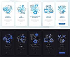 Business tools benefits night and day mode onboarding mobile app screen. Walkthrough 5 steps graphic instructions pages with linear concepts. UI, UX, GUI template. Myriad Pro-Bold, Regular fonts used vector