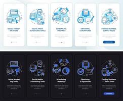 Business tools variety night and day mode onboarding mobile app screen. Walkthrough 5 steps graphic instructions pages with linear concepts. UI, UX, GUI template. Myriad Pro-Bold, Regular fonts used vector