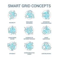 conjunto de iconos de concepto turquesa de red inteligente. Ingeniería eléctrica. ilustraciones de color de línea delgada de idea de sistema de energía inteligente. dibujos de contorno aislados. roboto-medium, innumerables fuentes pro-bold utilizadas vector