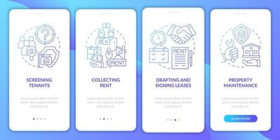 Property manager blue gradient onboarding mobile app screen. Works walkthrough 4 steps graphic instructions pages with linear concepts. UI, UX, GUI template. Myriad Pro-Bold, Regular fonts used vector