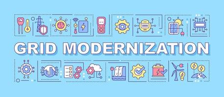 Grid modernization word concepts blue banner. Power system. Infographics with linear icons on background. Isolated typography. Vector color illustration with text. Arial-Black font used