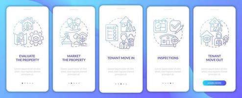 pantalla de aplicación móvil de incorporación de degradado azul de operaciones de propiedad. Realty tutorial 5 pasos páginas de instrucciones gráficas con conceptos lineales. interfaz de usuario, ux, plantilla de interfaz gráfica de usuario. innumerables fuentes pro-negrita y regulares utilizadas vector