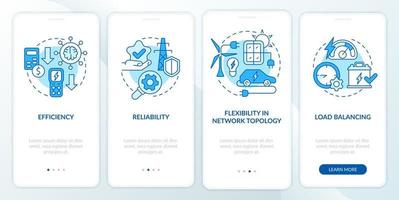 Smart grid features blue onboarding mobile app screen. Integrate network walkthrough 4 steps graphic instructions pages with linear concepts. UI, UX, GUI template. Myriad Pro-Bold, Regular fonts used vector