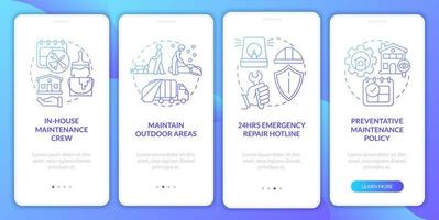 Maintenance blue gradient onboarding mobile app screen. Service walkthrough 4 steps graphic instructions pages with linear concepts. UI, UX, GUI template. Myriad Pro-Bold, Regular fonts used vector