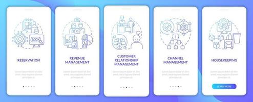 Realty management module blue gradient onboarding mobile app screen. Tech walkthrough 5 steps graphic instructions pages with linear concepts. UI, UX, GUI template. Myriad Pro-Bold, Regular fonts used vector