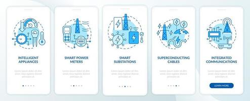 Smart grid components blue onboarding mobile app screen. Power technology walkthrough 5 steps graphic instructions pages with linear concepts. UI, UX, GUI template. Myriad Pro-Bold, Regular fonts used vector