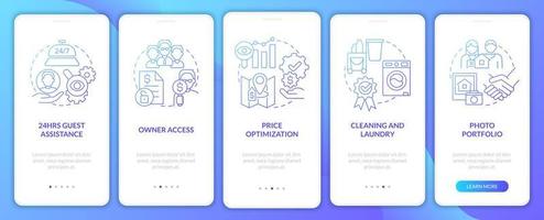 Hotels management blue gradient onboarding mobile app screen. Services walkthrough 5 steps graphic instructions pages with linear concepts. UI, UX, GUI template. Myriad Pro-Bold, Regular fonts used vector