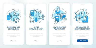 Smart grid characteristics blue onboarding mobile app screen. System walkthrough 4 steps graphic instructions pages with linear concepts. UI, UX, GUI template. Myriad Pro-Bold, Regular fonts used vector