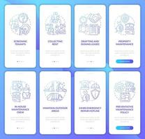 Property agency blue gradient onboarding mobile app screen set. Realty walkthrough 4 steps graphic instructions pages with linear concepts. UI, UX, GUI template. Myriad Pro-Bold, Regular fonts used vector