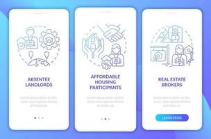 pantalla de aplicación móvil de integración de gradiente azul de clientes de agentes inmobiliarios. tutorial de trabajo 3 pasos páginas de instrucciones gráficas con conceptos lineales. interfaz de usuario, ux, plantilla de interfaz gráfica de usuario. innumerables fuentes pro-negrita y regulares utilizadas vector