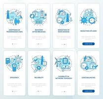 Smart grid blue onboarding mobile app screen set. Electric energy walkthrough 4 steps graphic instructions pages with linear concepts. UI, UX, GUI template. Myriad Pro-Bold, Regular fonts used vector