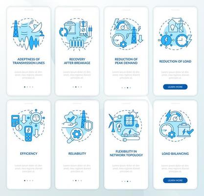 Smart grid blue onboarding mobile app screen set. Electric energy walkthrough 4 steps graphic instructions pages with linear concepts. UI, UX, GUI template. Myriad Pro-Bold, Regular fonts used