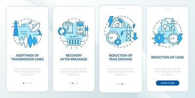 Applications of smart grid blue onboarding mobile app screen. Electricity walkthrough 4 steps graphic instructions pages with linear concepts. UI, UX, GUI template. Myriad Pro-Bold, Regular fonts used vector