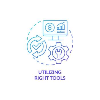 Utilizing right tools blue gradient concept icon. Computer program for budgeting abstract idea thin line illustration. Isolated outline drawing. Roboto-Medium, Myriad Pro-Bold fonts used vector