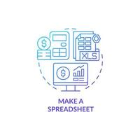 Make spreadsheet blue gradient concept icon. Financial planning. Digital and physical sheets abstract idea thin line illustration. Isolated outline drawing. Roboto-Medium, Myriad Pro-Bold fonts used vector