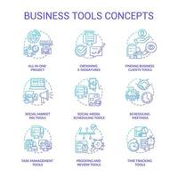 Business tools blue gradient concept icons set. Social marketing idea thin line color illustrations. Scheduling meetings. Isolated outline drawings. Roboto-Medium, Myriad Pro-Bold fonts used vector