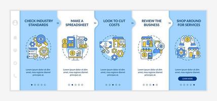 Budgeting for small business blue and white onboarding template. Responsive mobile website with linear concept icons. Web page walkthrough 5 step screens. Lato-Bold, Regular fonts used vector