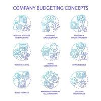 Company budgeting blue gradient concept icons set. Financial plan for business idea thin line color illustrations. Isolated outline drawings. Roboto-Medium, Myriad Pro-Bold fonts used vector