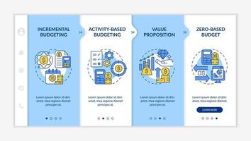 Budgeting types blue and white onboarding template. Various approaches. Responsive mobile website with linear concept icons. Web page walkthrough 4 step screens. Lato-Bold, Regular fonts used vector