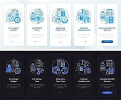 Startup budgeting night and day mode onboarding mobile app screen. Walkthrough 5 steps graphic instructions pages with linear concepts. UI, UX, GUI template. Myriad Pro-Bold, Regular fonts used vector