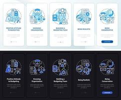 Budgeting night and day mode onboarding mobile app screen. Walkthrough 5 steps graphic instructions pages with linear concepts. UI, UX, GUI template. Myriad Pro-Bold, Regular fonts used vector