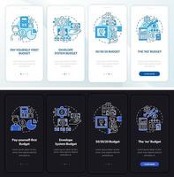 Budget approaches night and day mode onboarding mobile app screen. Walkthrough 4 steps graphic instructions pages with linear concepts. UI, UX, GUI template. Myriad Pro-Bold, Regular fonts used vector