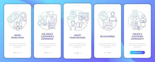 Customer service tips blue gradient onboarding mobile app screen. Walkthrough 5 steps graphic instructions pages with linear concepts. UI, UX, GUI template. Myriad Pro-Bold, Regular fonts used vector