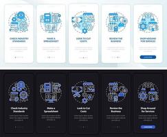 Small business budget night and day mode onboarding mobile app screen. Walkthrough 5 steps graphic instructions pages with linear concepts. UI, UX, GUI template. Myriad Pro-Bold, Regular fonts used vector