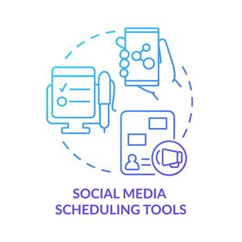 herramientas de programación de redes sociales icono de concepto de gradiente azul. priorizar múltiples publicaciones idea abstracta ilustración de línea delgada. dibujo de contorno aislado. roboto-medium, innumerables fuentes pro-bold utilizadas vector